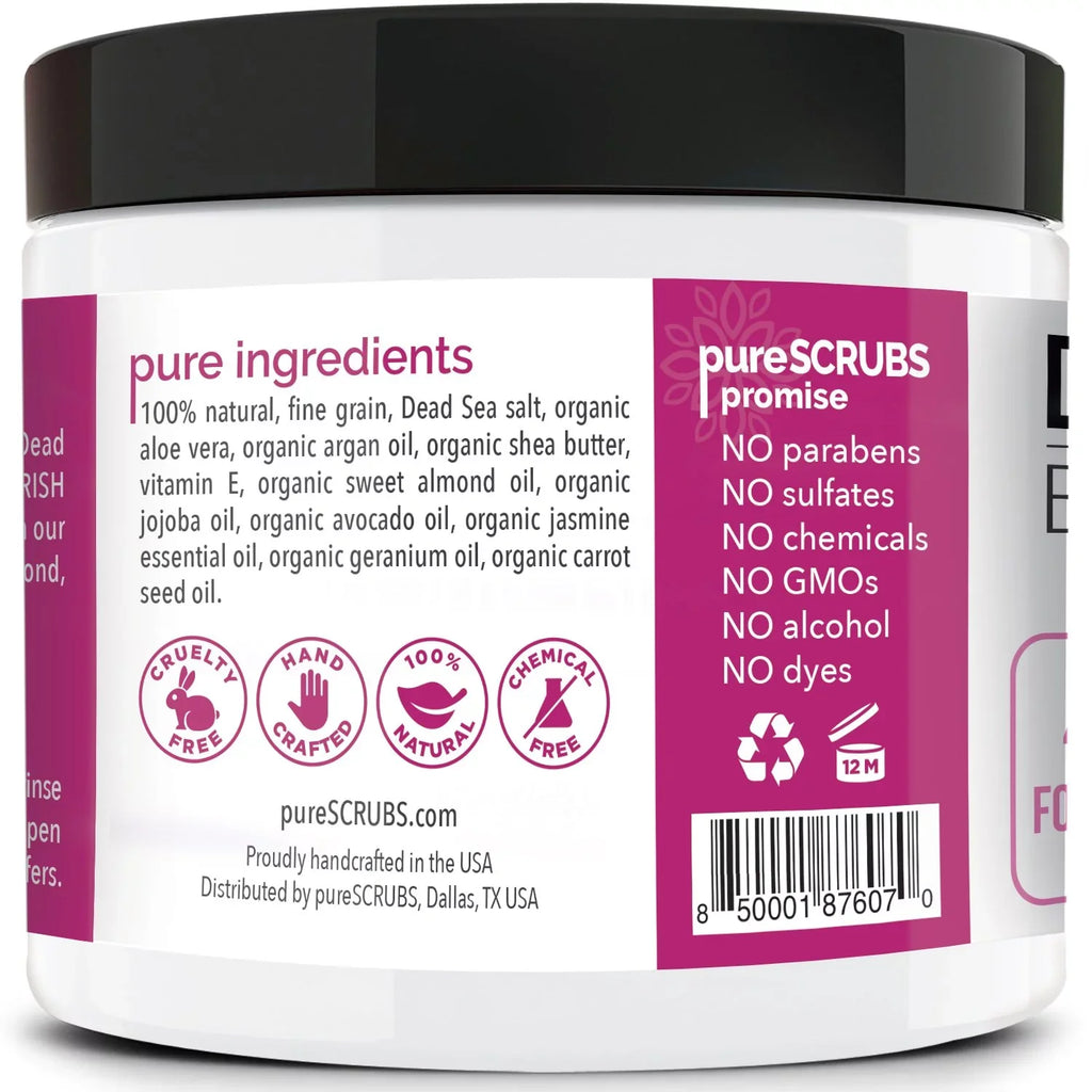 pureSCRUBS Premium Organic Body Scrub Set - Large 16oz JASMINE BODY SCRUB - Pure Dead Sea Salt Infused With Organic Essential Oils & Nutrients + FREE Wooden Spoon, Loofah & Mini Exfoliating Bar Soap - Exclusive Design