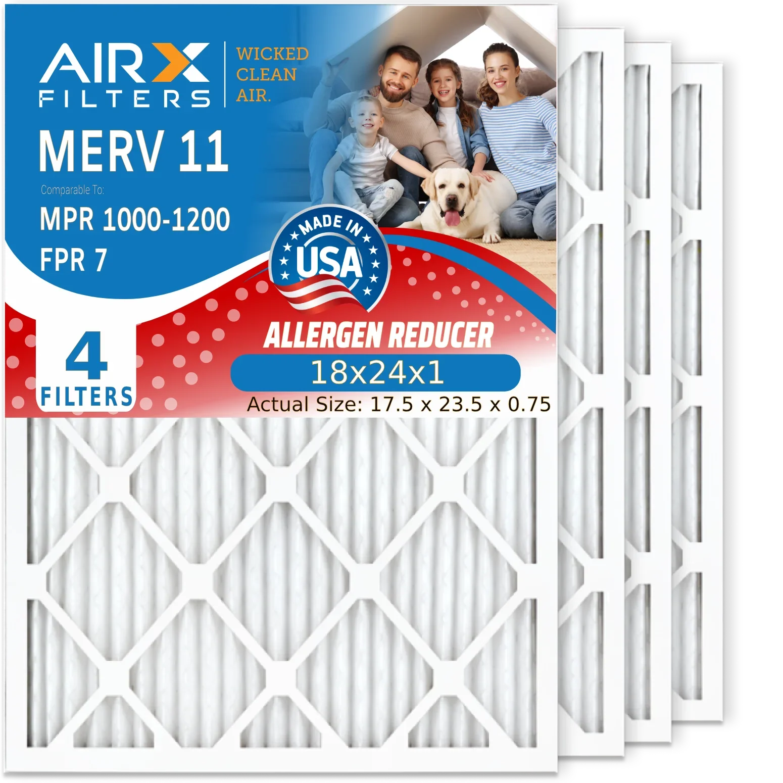 18x24x1 Air Filter MERV 11 Comparable to MPR 1000, MPR 1200 & FPR 7 Electrostatic Pleated Air Conditioner Filter 4 Pack HVAC Premium USA Made 18x24x1 Furnace Filters by AIRX FILTERS WICKED CLEAN AIR. - Exclusive Design