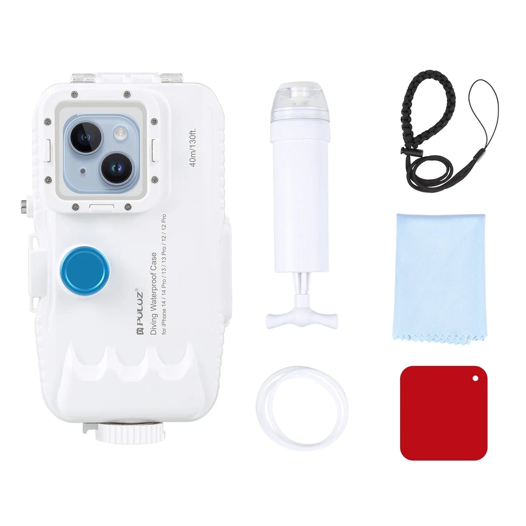 PULUZ 40M131ft Waterproof Phone Case Underwater Exploration Case Smartphone Underwater Housing Protective Case with Red Filter Neck Strap Cleaning Cloth Replacement for 14/ 14 / 13/ 13 / 12/ 12 P