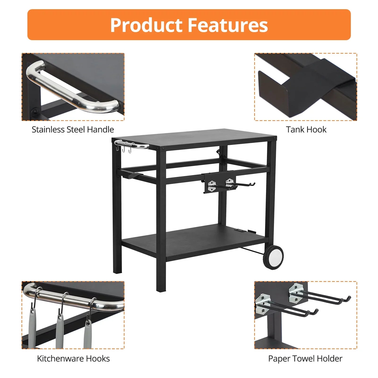 Stylish HomhougoâBarbecue truck Pizza Oven rack,Stainless steel portable barbecue truck Grill prep table with wheels and hooks,side handles,Two Grill truck tabletop grill Cooking station,Bar,Camping, Family