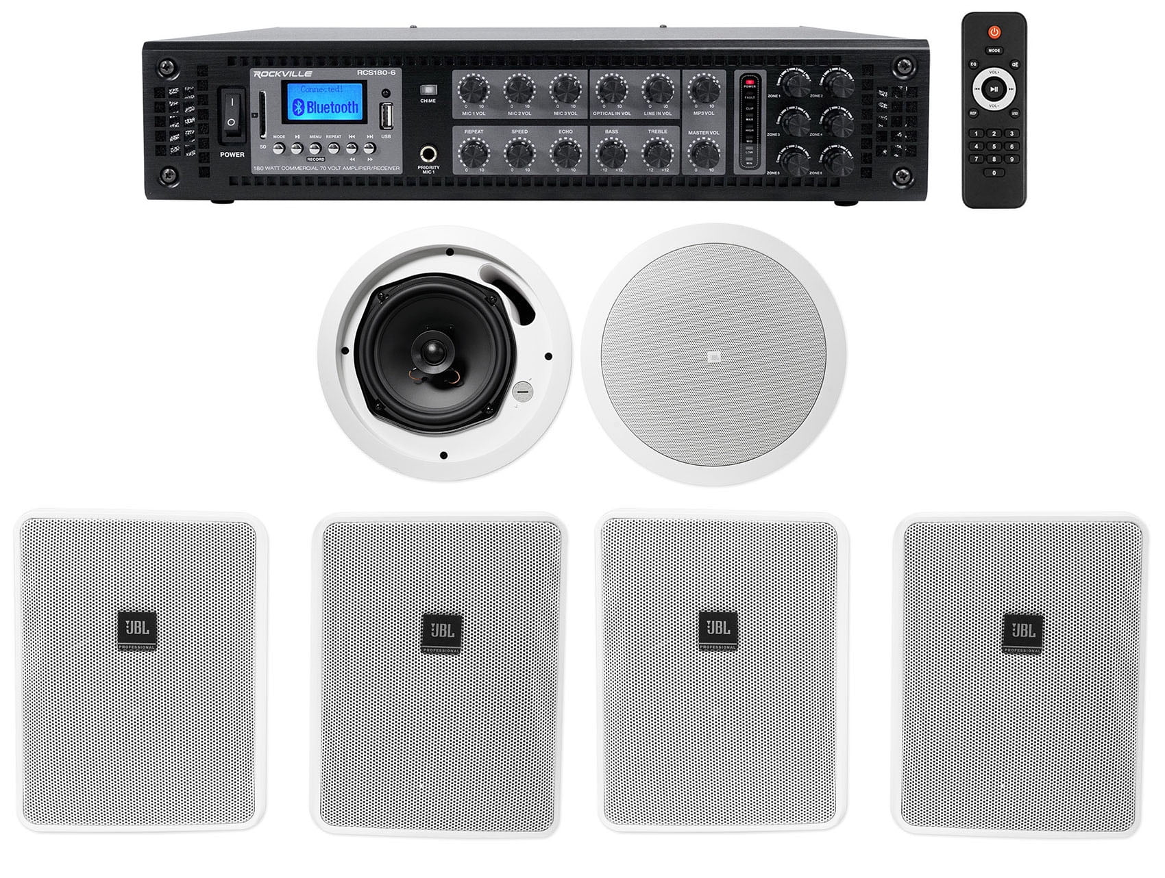 Stylish 4) JBL 5.25" White Commercial Wall+6.5" Ceiling Speakers+Amp Restaurant/Cafe/Bar
