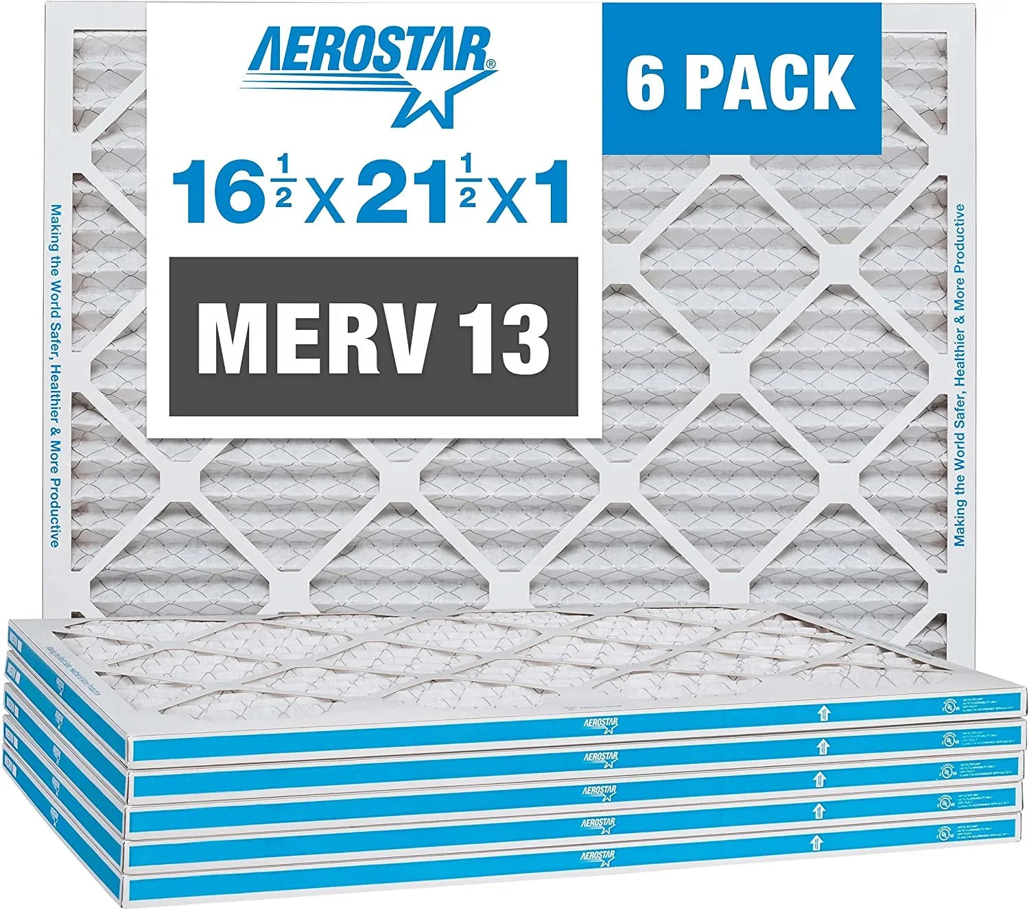 Aerostar 16 1/2x21 1/2x1 MERV 13 Pleated Air Filter, AC Furnace Air Filter, 6-Pack (Actual Size: 16 1/2" x 21 1/2" x 3/4") - Exclusive Design