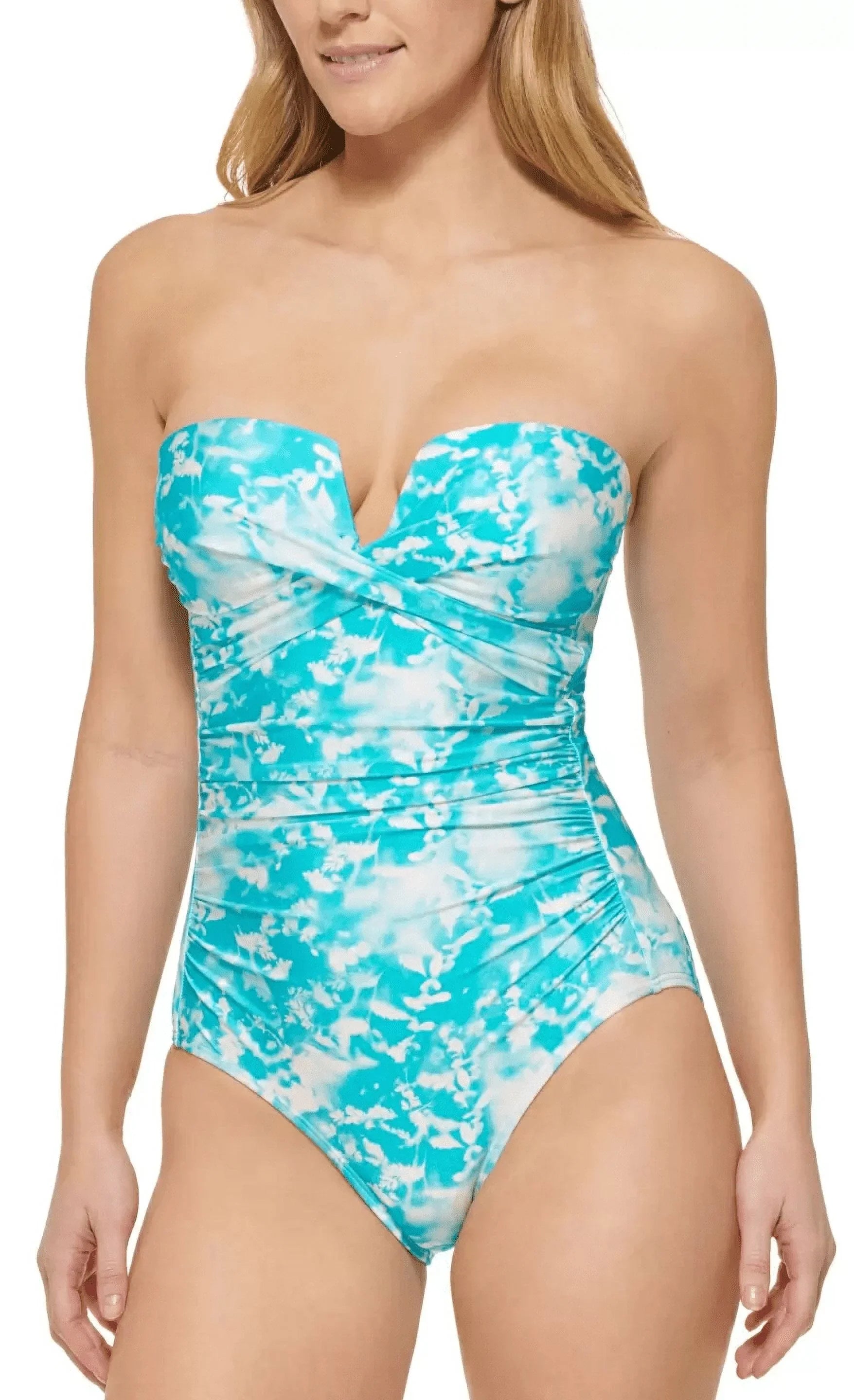 Calvin Klein TROPICAL WATERS Printed V-Notch Bandeau One-Piece Swimsuit, US 18