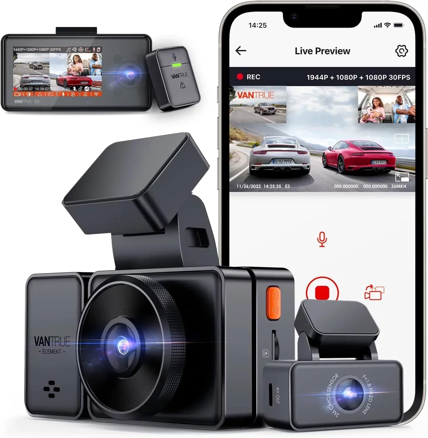 Vantrue E3 2.5K 3 Channel WiFi Dash Cam 1944P+1080P+1080P Front and Rear Inside 3 Way GPS Dash Camera for Car Voice Control IR Night Vision 24 Hrs Parking Mode Motion Detection - Exclusive Design