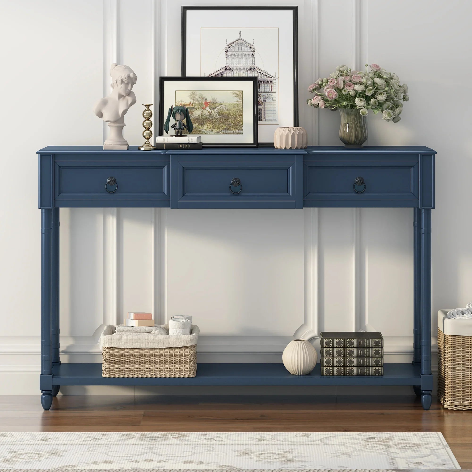 Console Table Sofa Table with Drawers for Entryway with Projecting Drawers and Long Shelf (Antique Navy, OLD SKU: WF189574AAM)