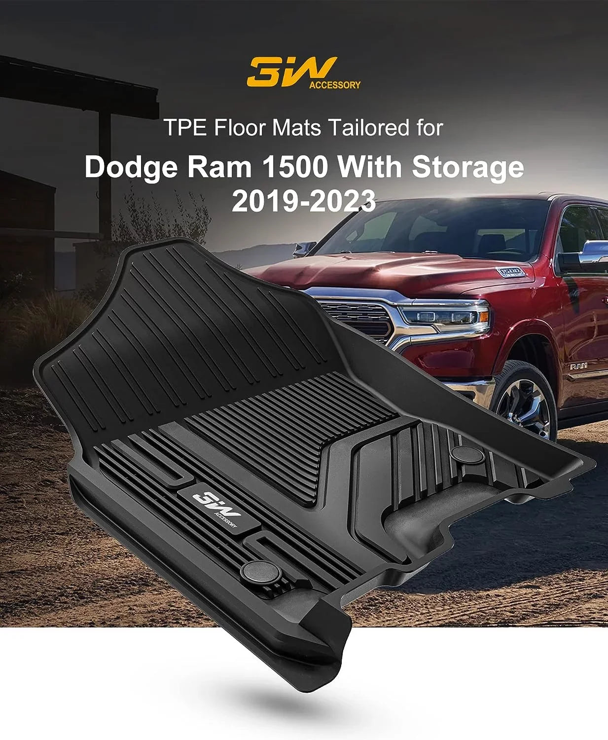 3W Floor Mats Fit for 2019-2023 Dodge Ram 1500 Crew Cab with Rear Under-Seat Factory Storage Bucket Seat, All Weather Car Liners Floor Liner Full Set Car Mats - Exclusive Design