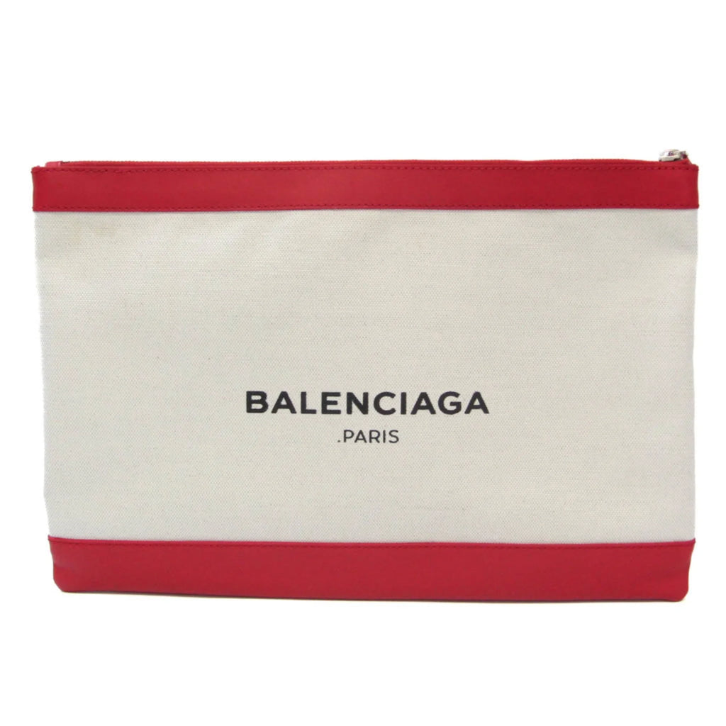 Stylish Pre-Owned Balenciaga 373840 Women's Leather,Canvas Clutch Bag,Pouch Beige,Red Color (Good)
