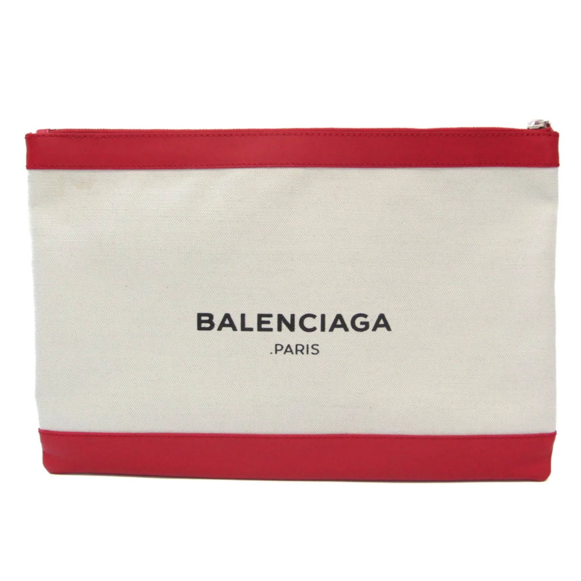 Stylish Pre-Owned Balenciaga 373840 Women's Leather,Canvas Clutch Bag,Pouch Beige,Red Color (Good)