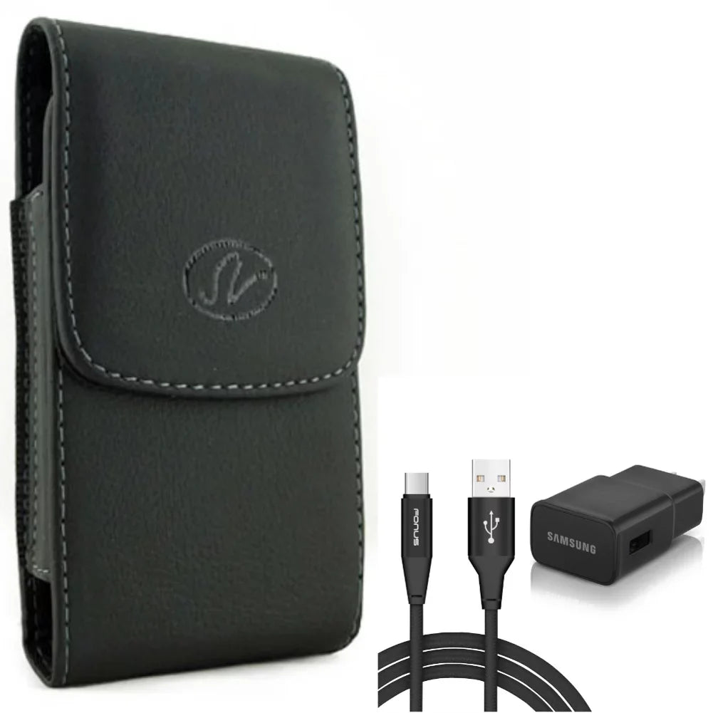 6ft USB Cable Type-C Fast Home Charger w Holster Leather Case Belt Clip for T-Mobile REVVL 4 - Wiko Ride 3 - Xiaomi Redmi Note 7, Mi 9T - ZTE Blade 10, Axon 10 Pro, Max 2S