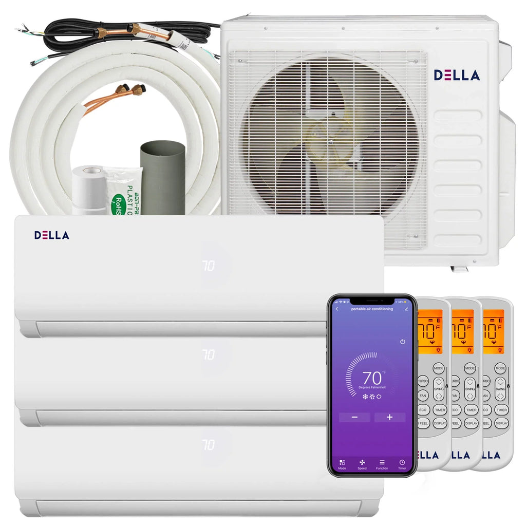 Stylish Della 27K BTU ODU Tri 3 Zone 9K 9K 9K BTU 20 SEER 208/230V Cools Up to 1200 Sq.Ft Wifi Energy Efficient Multi Zone Ductless Mini Split Air Conditioner Heat Pump Full Set with 16ft Installation Kits