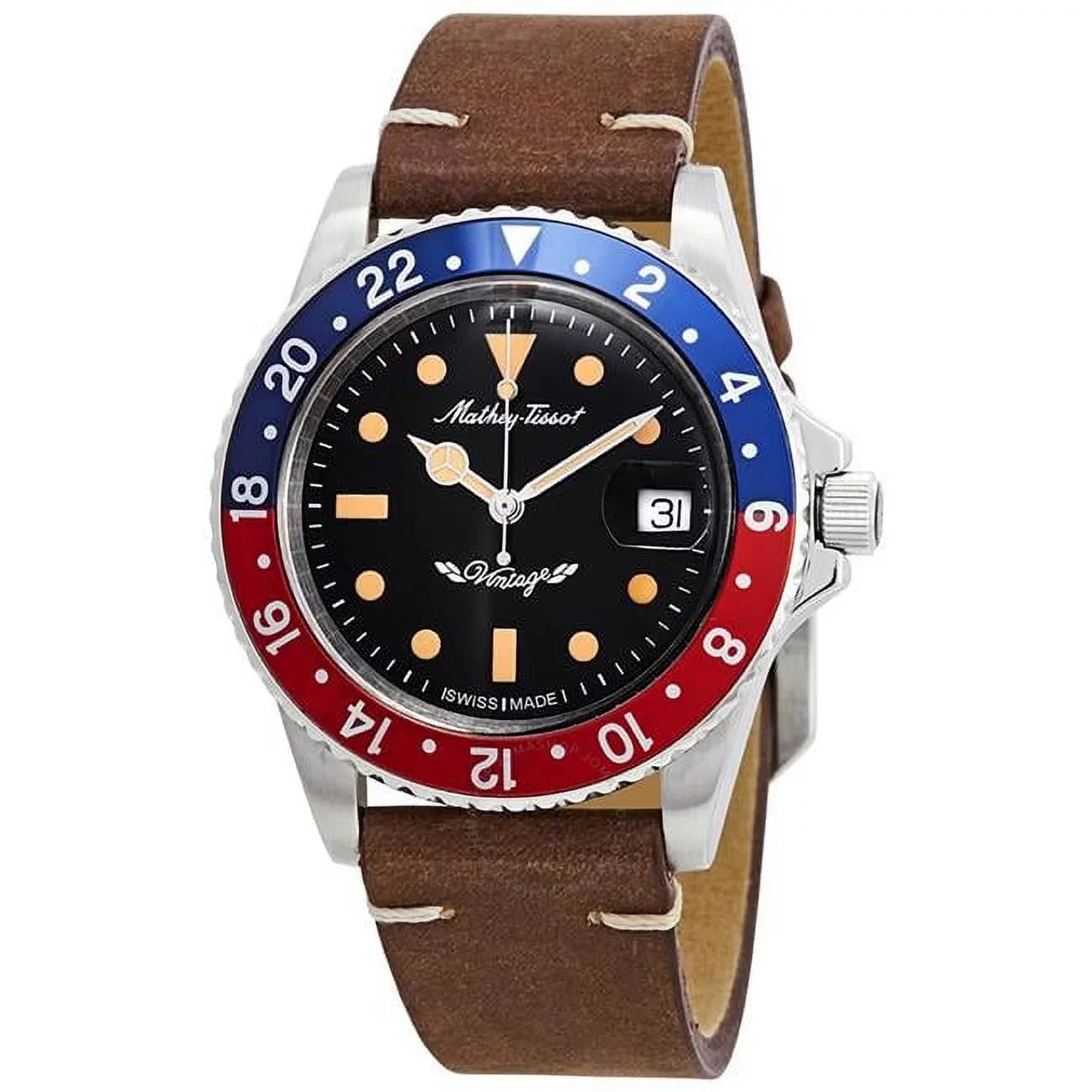 Stylish Vintage Leather Strap Black Dial Automatic 100M Mens Watch, Black - Adult