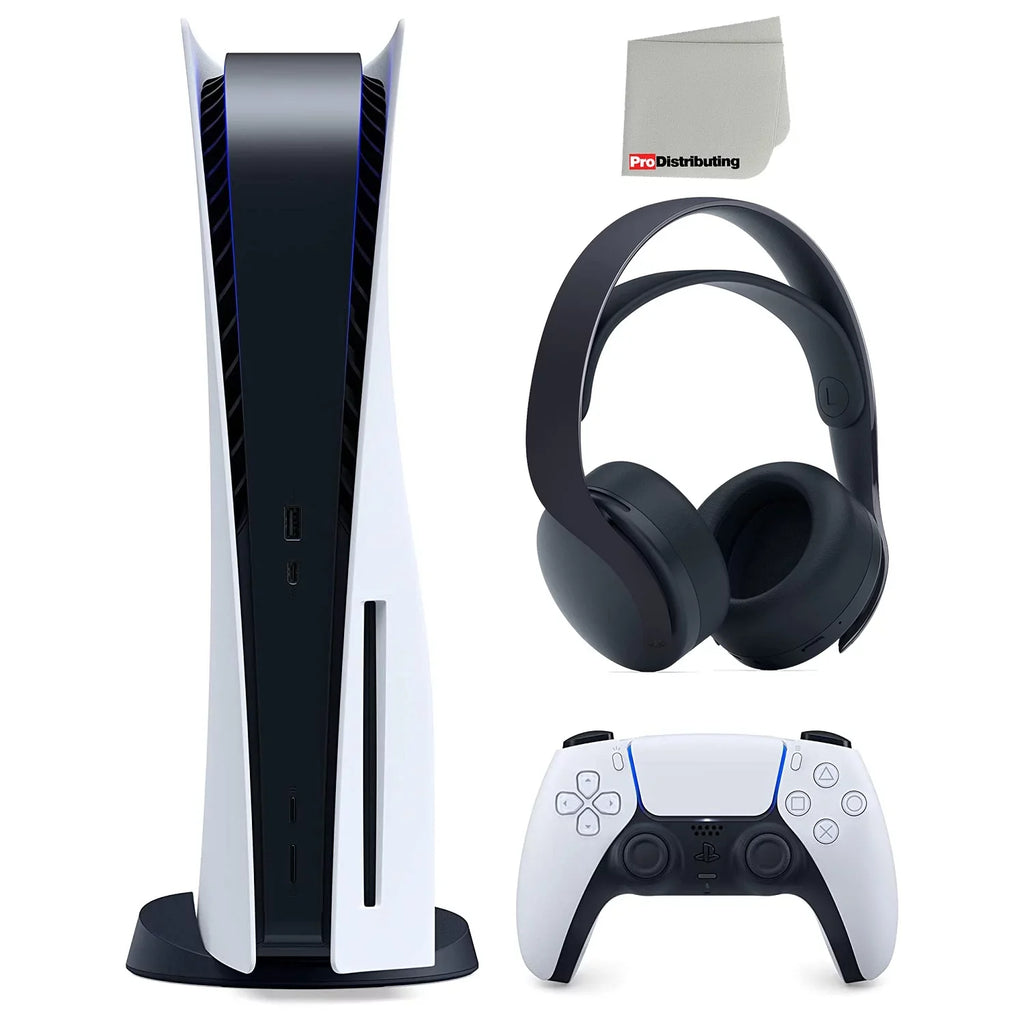 Sony Playstation 5 Disc Version PS5 Console and Black Pulse 3D Headset Bundle with Microfiber Cleaning Cloth - Exclusive Design