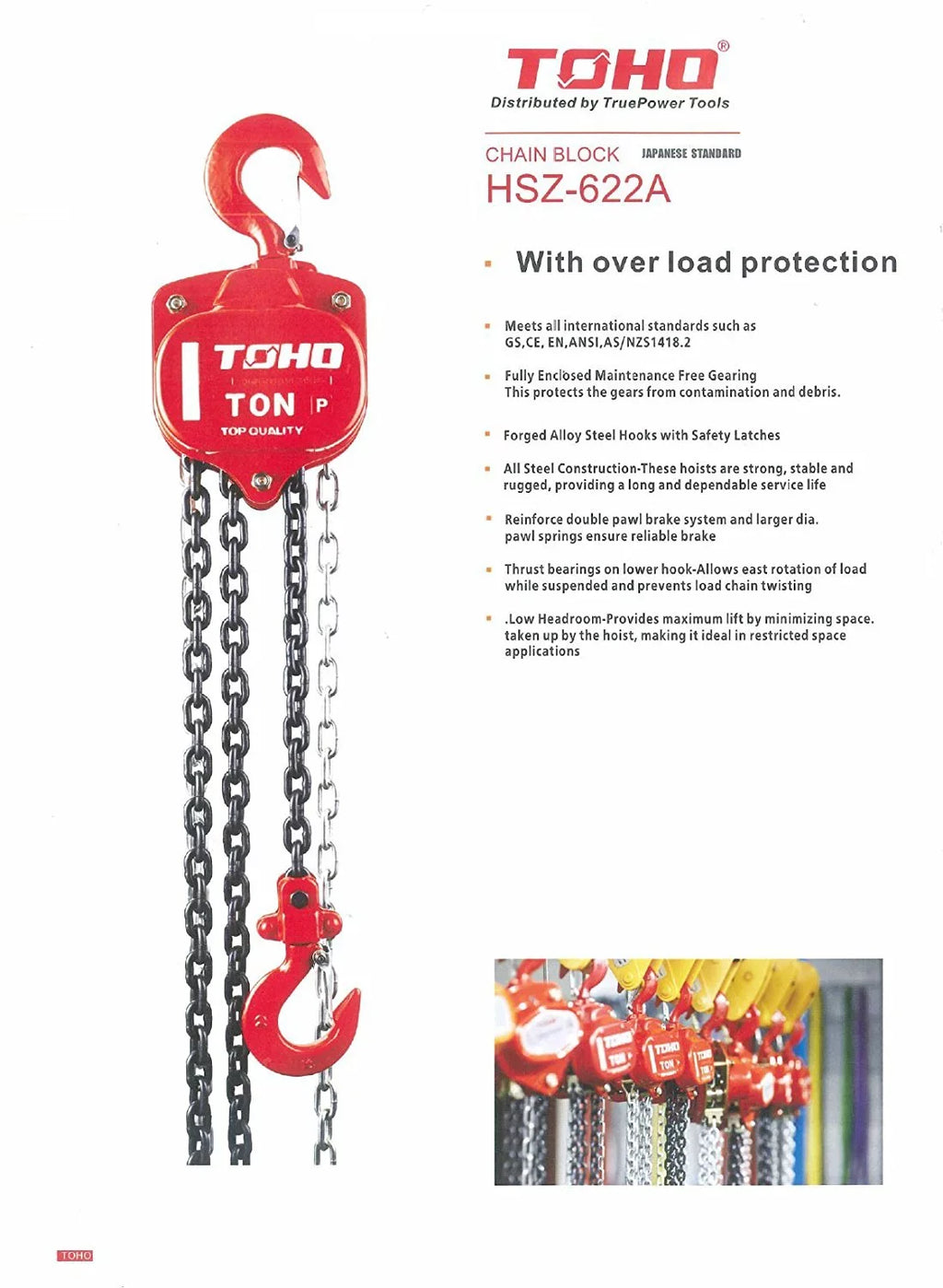 TOHO HSZ-622A OP Chain Block Hoist with Overload Protection (0.5 Ton, 10 Ft. Chain) - Exclusive Design