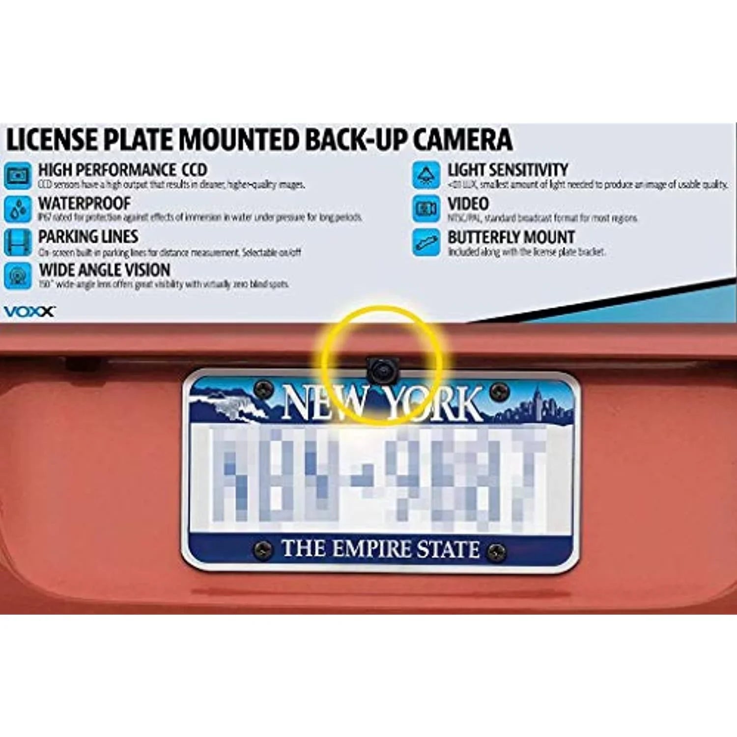 Stylish Voxx ACAM4 HD Wide Angle License Plate Mounted Backup Camera with Parking Lines