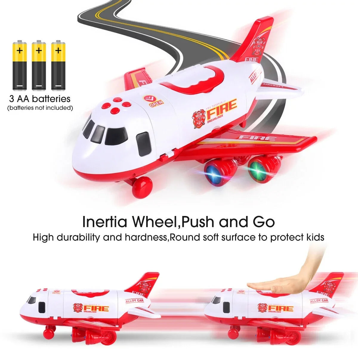 Stylish SHANNA Airplane Toy Fire Truck Playset with Music and Lights, Transformable Airplane Storage Cart, 3-6 Years Old Boys and Girls Birthday Christmas Gift (Red)