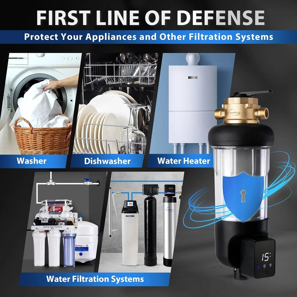 iSpring WSP100ARJ-BP Whole House Prefilter, Spin-Down Sediment Water Filter with Bypass, Upgraded Clear Housing, Jumbo Size, Flushable and Reusable, Touch-Screen Auto Flushing, 4 Modes, 100 Microns