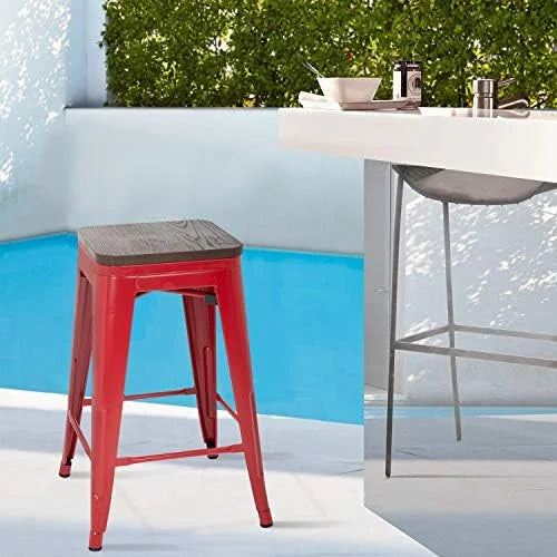 NLTBONNIE 24 Inches Metal Stools Set of 4 Counter Height Wood Seat Barstool Patio Stool Stackable Backless Stool Indoor Outdoor Metal Kitchen Stools Chairs (Red) - Exclusive Design