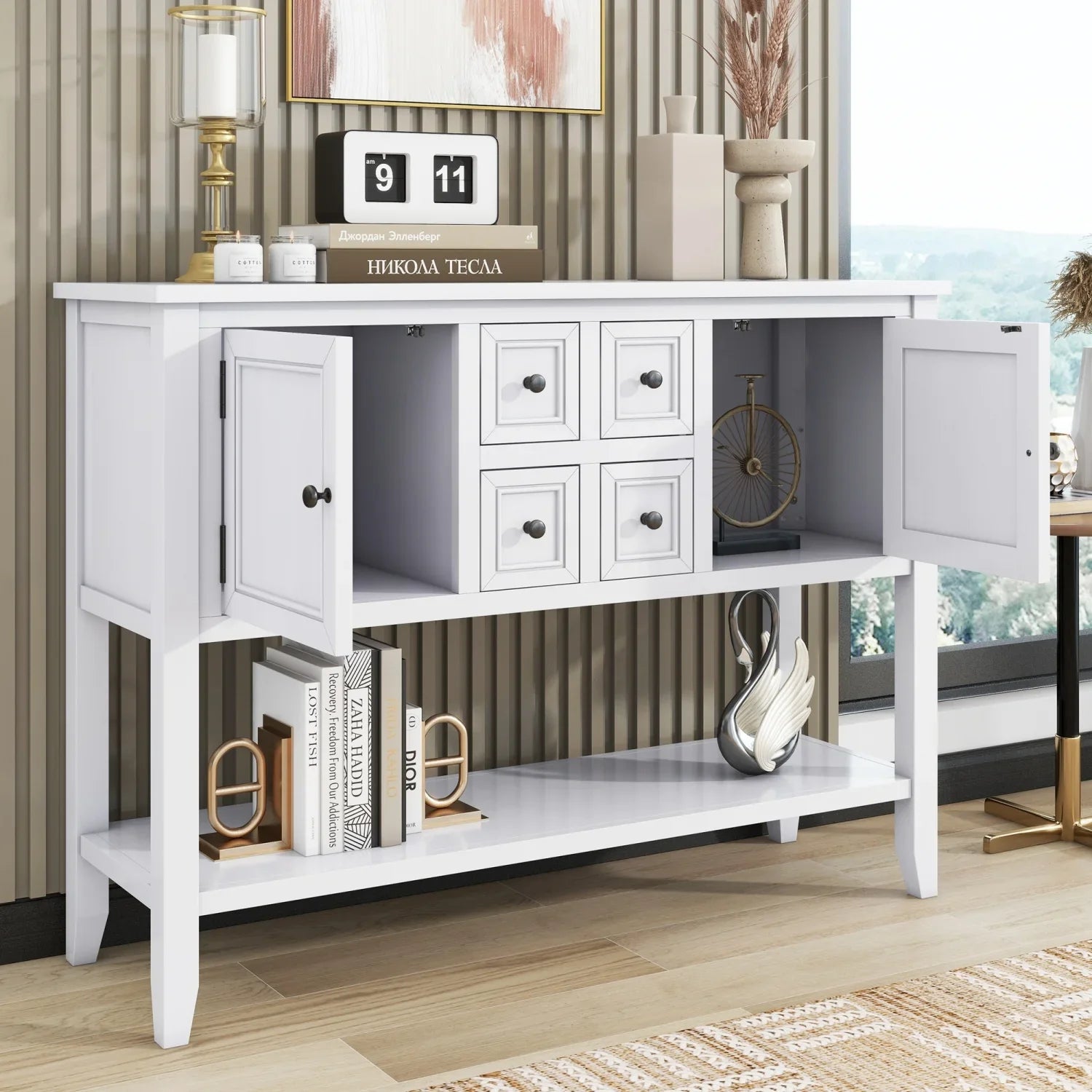 Stylish TREXM Cambridge Series Ample Storage Vintage Console Table with Four Small Drawers and Bottom Shelf for Living Rooms Entrances and Kitchens (Light Navy OLD SKU WF190263AAH)