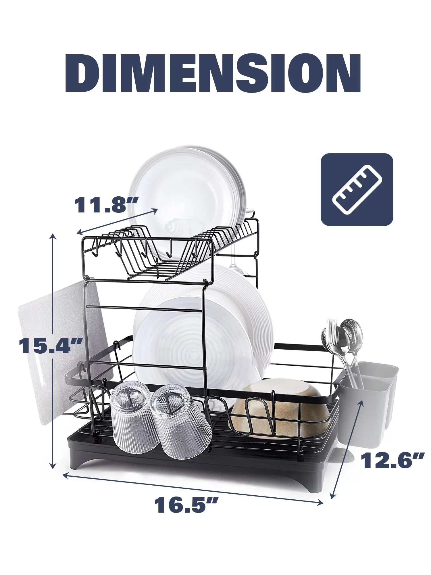 2 Tier Dish Drying Rack for Kitchen Counter, Extra Large Black - Exclusive Design