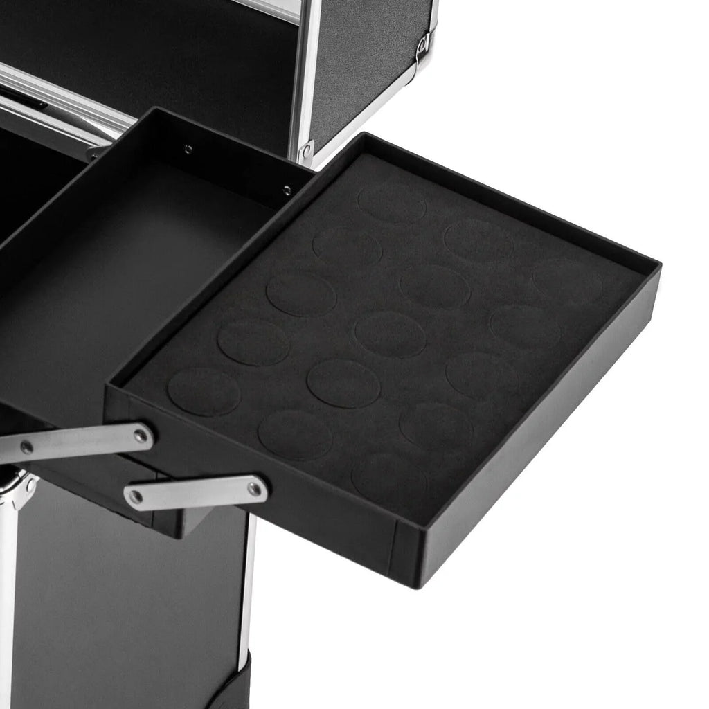Stylish Rolling Lockable Makeup Train Case Hairdresser Trolley, Stylist Beauty Nail Salon Barber Case Cosmetic Luggage Travel Trunk Cart Organizer Tool Box with Swivel Wheels (Black)