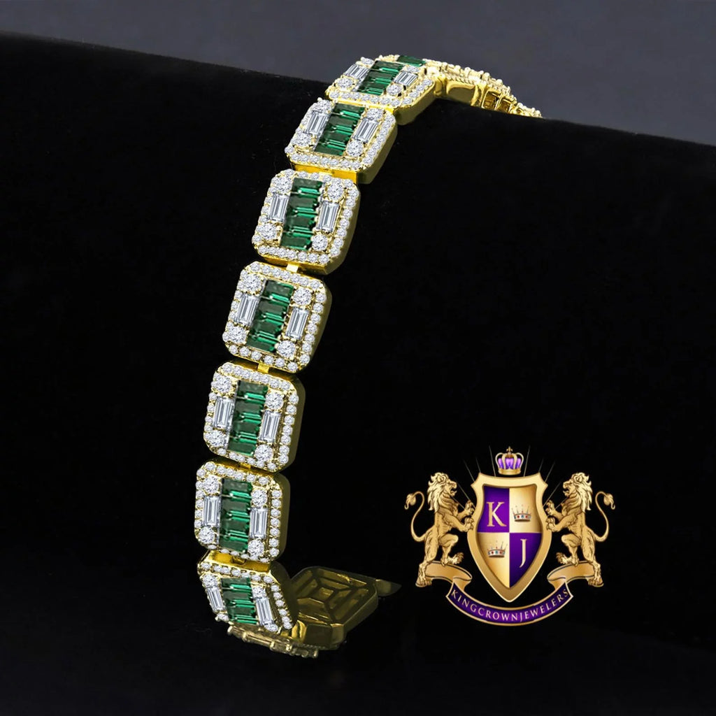 Emerald Green Baguette Real Genuine Yellow Gold Sterling Silver Simulated Diamond Tennis Link Bracelet 8.5'' Unisex 35+Grams