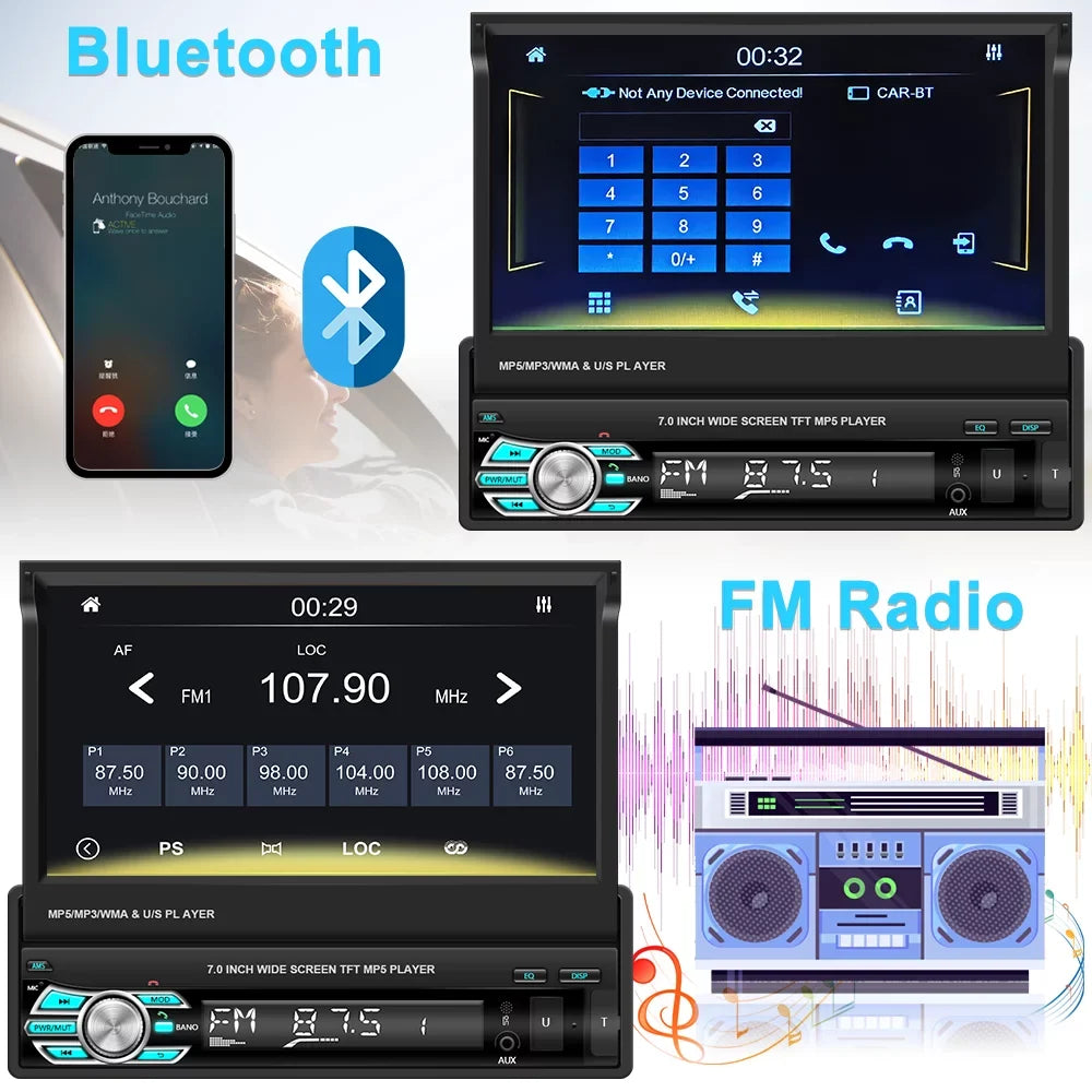 Podofo Universal Single 1 DIN 7" HD Touchscreen Retractable Car Stereo Radio Bluetooth Auto Apple Carplay Android Auto FM Video Player Mirror Link Function, with 12 LED Backup Camera