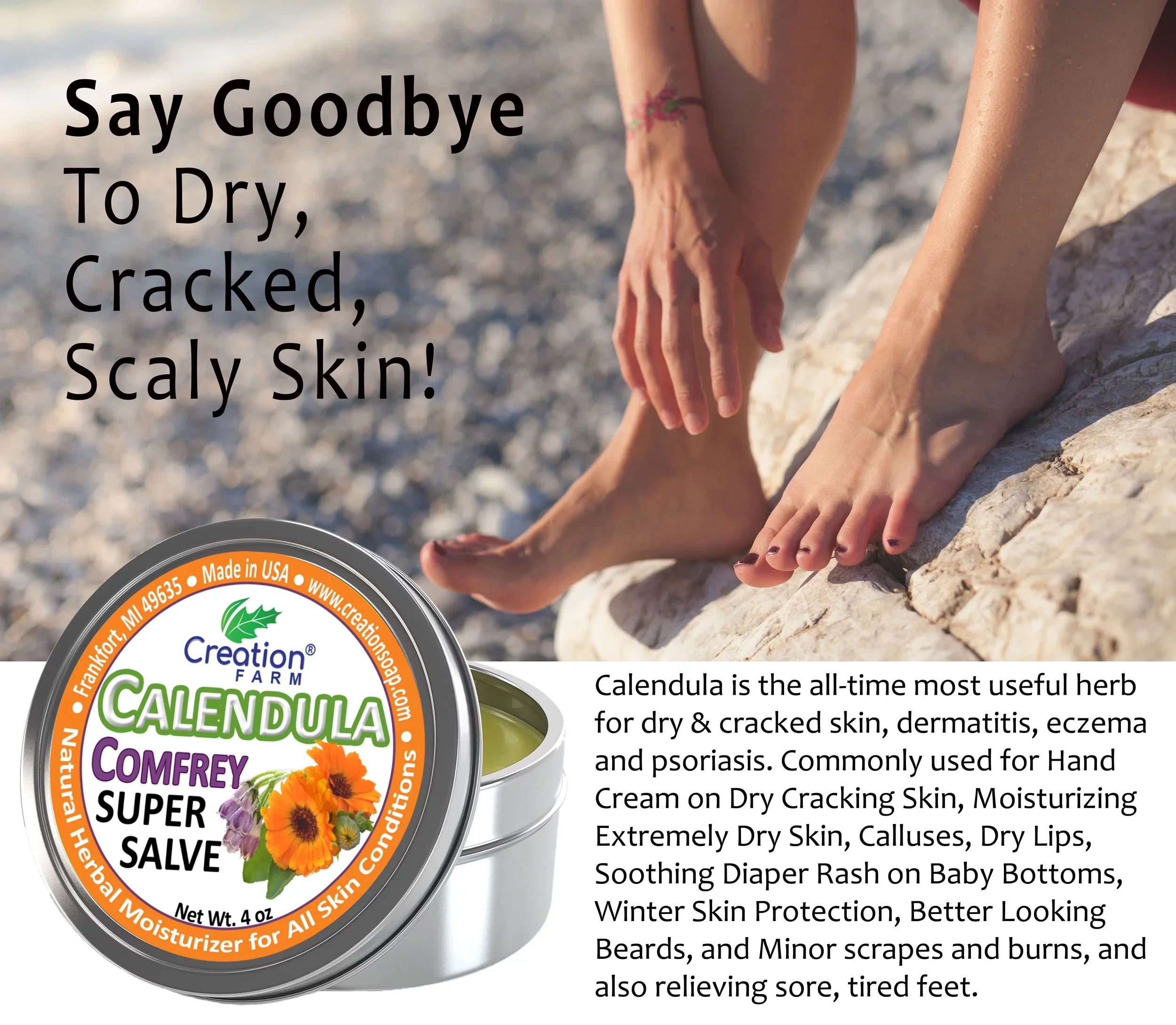 Stylish Calendula Comfrey Salve 4 oz Tin, Herbal Skin Rash Ointment, Wound Treatment Tin 4 oz by Creation Farm