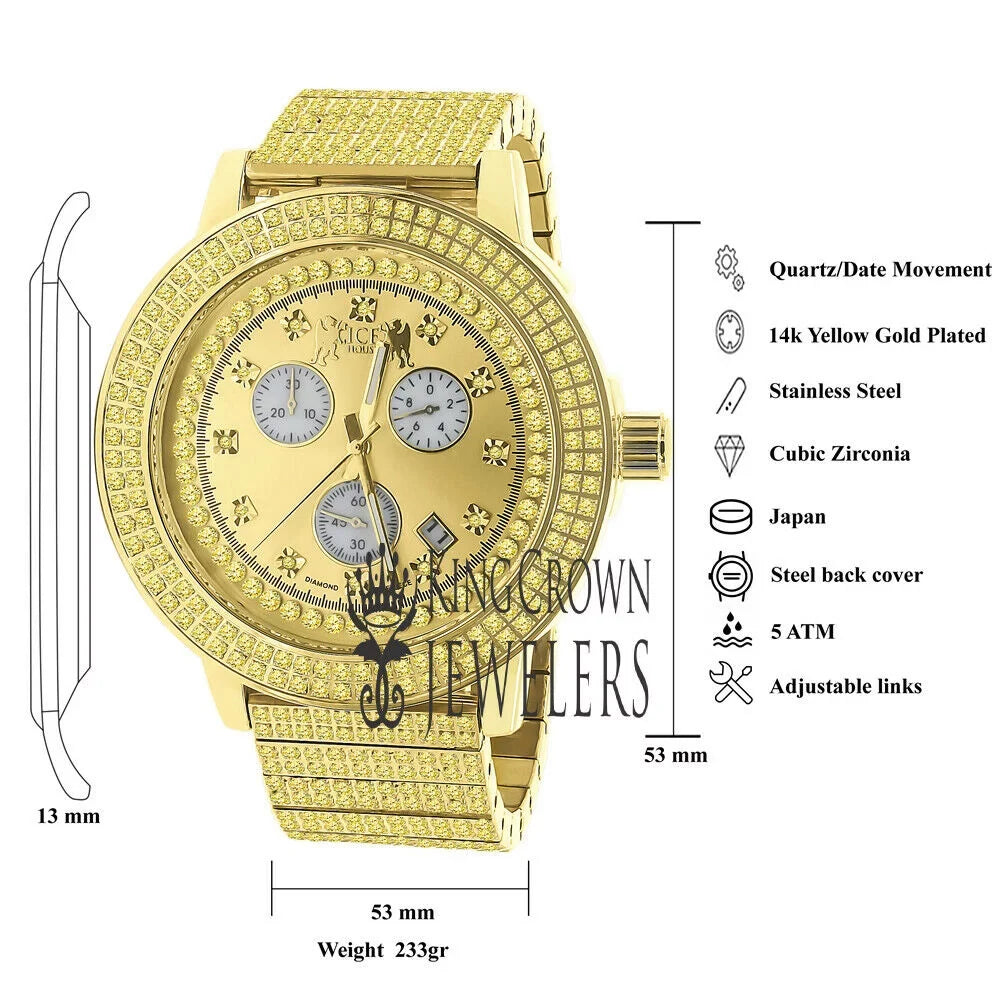 Canary Gold Tone Jojo Jojino Joe Rodeo Solid Stainless Steel 54mm Real Diamond Dial Mens Watch - Exclusive Design