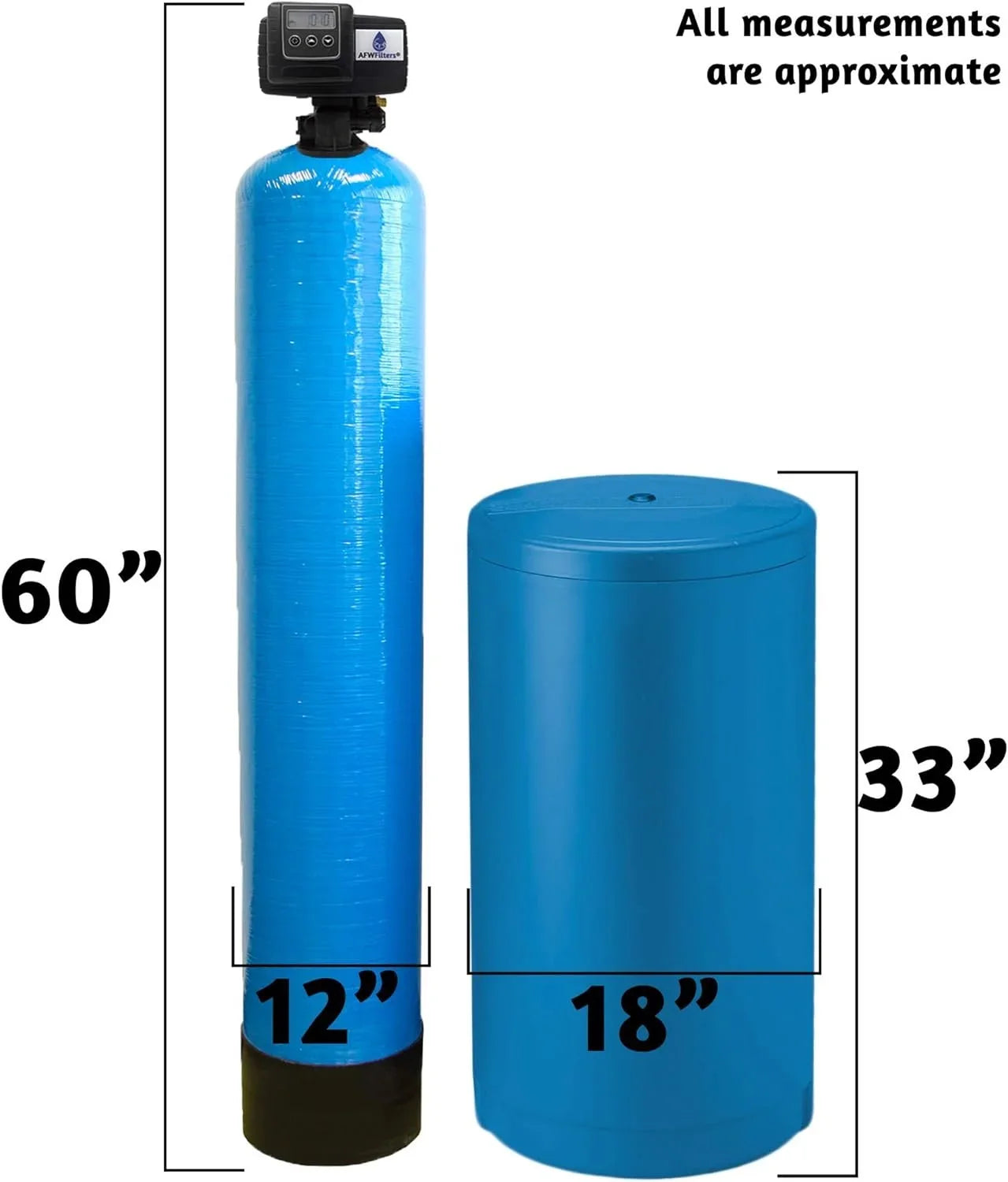 Stylish AFWFilters 2 cubic Foot 64k Whole Home Iron Pro Water Softener with Fine Mesh Resin, 1" Plastic MNPT Connection, and Blue Tanks