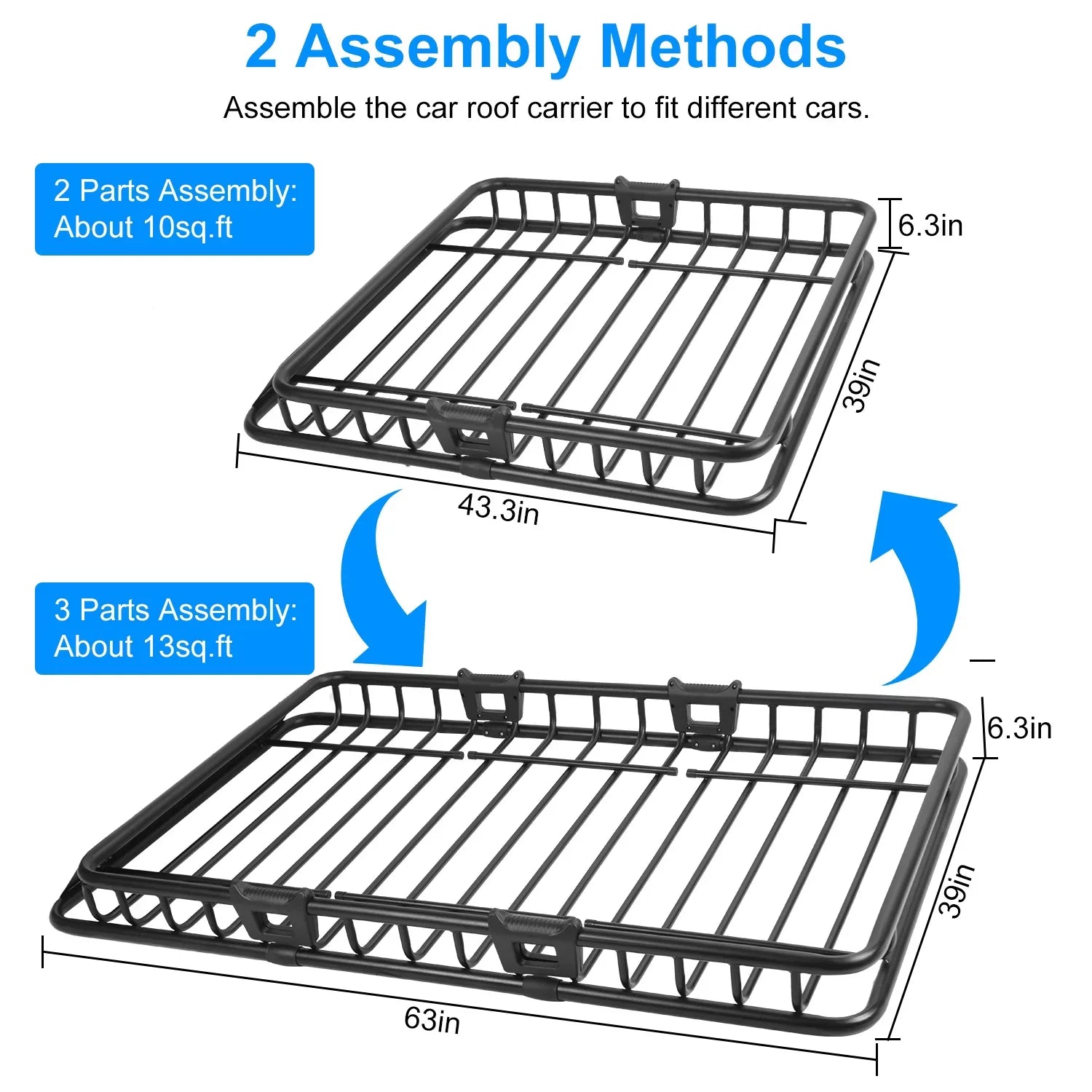 Stylish Universal Roof Rack Cargo Carrier, iMounTEK Extension Car Top Luggage Basket, 220 lb. Capacity Roof Rack Basket with Elastic Net and 10 Hooks, 63x39x6.3in, Black