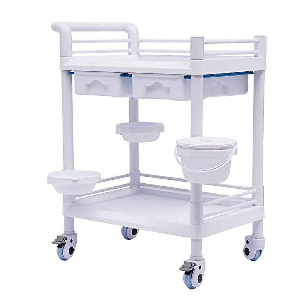 Stylish Medical Trolley Cart with 360Â°Rotate Wheels 2 Tier 275 Lbs Spacious Spa Beauty Salon Rolling Trolley with Dirt Buckets Drawers Heavy Duty Medical Utility Cart for Hospital Dental Clinic Beauty Salon