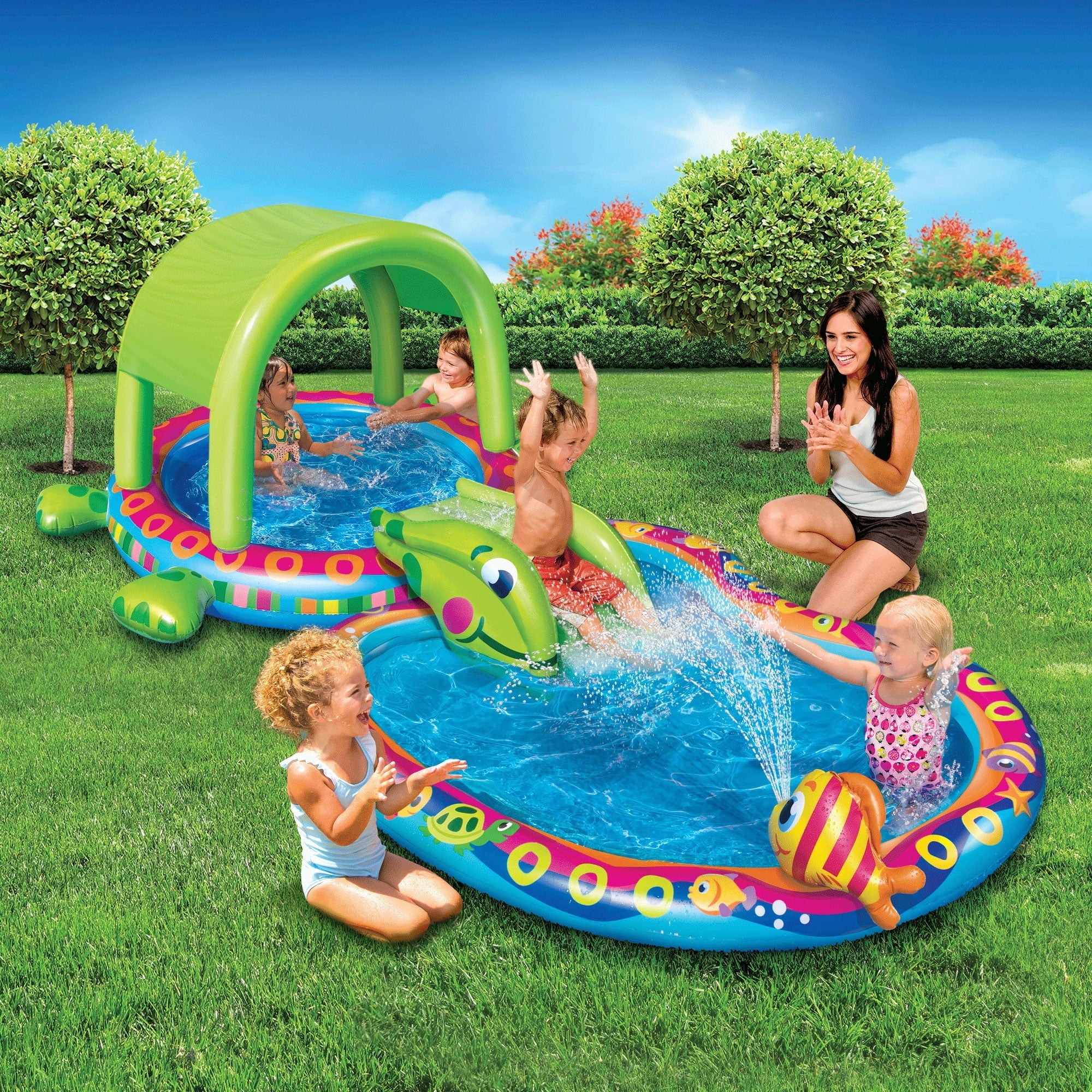 Stylish Banzai Shade 'N Slide Turtle Inflatable Kiddie Splash Pool with Sprinkler