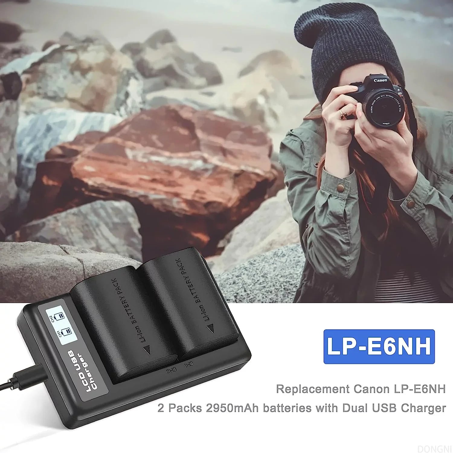 2-Pack LP-E6NH 2950mAh Batteries and Dual Charger for Canon EOS R R5 R6 5DS 6D 7D 60D 70D 80D 90D 5D Mark II/III/IV Camera - Exclusive Design