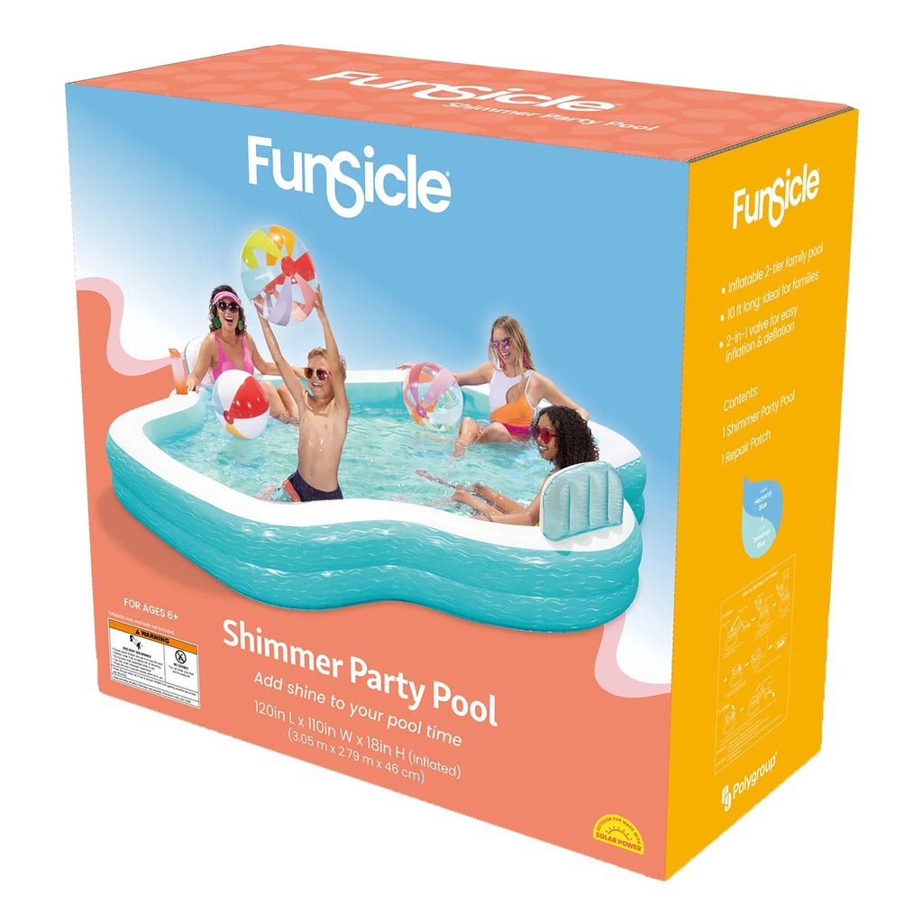 Stylish Funsicle: Shimmer Party Pool - 10ft Inflatable Lounge Pool, Teal & White, 120x110x18", Cup Holders, Comfortable Backrests, Outdoor Family Pool