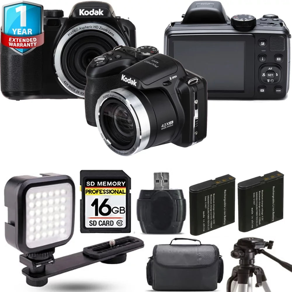 Stylish Kodak PIXPRO AZ421 Digital Camera (Black) + Extra Battery + 1 Yr Warranty - 16GB Kit