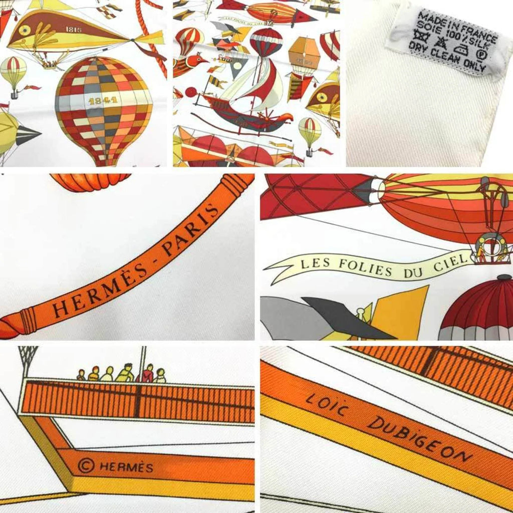 Stylish Pre-Owned HERMES Hermes Carre 90 Scarf Muffler LES FOLIES DU CIEL Madness in the Sky Balloon Pattern White/Orange 100% Silk (Like New)