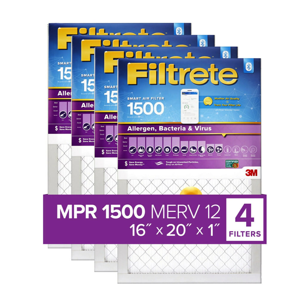 Filtrete by 3M, Smart 16x20x1, MERV 12, Allergen, Bacteria & Virus HVAC Air and Furnace Filter, Captures Allergens, Bacteria, Viruses, 1500 MPR, 4 Filters - Exclusive Design