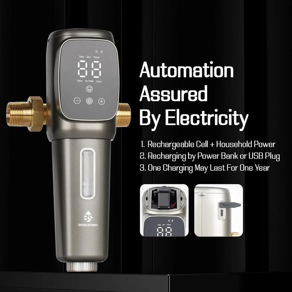 OUWI's King Model Spin Down Sediment Filter, Touch-Screen Automatic Flushing and Drainage, 360Â°Rotatable Head, 40 Micron Reusable Whole House Water Filter System, 1" MNPT + 3/4" FNPT Connector - Exclusive Design