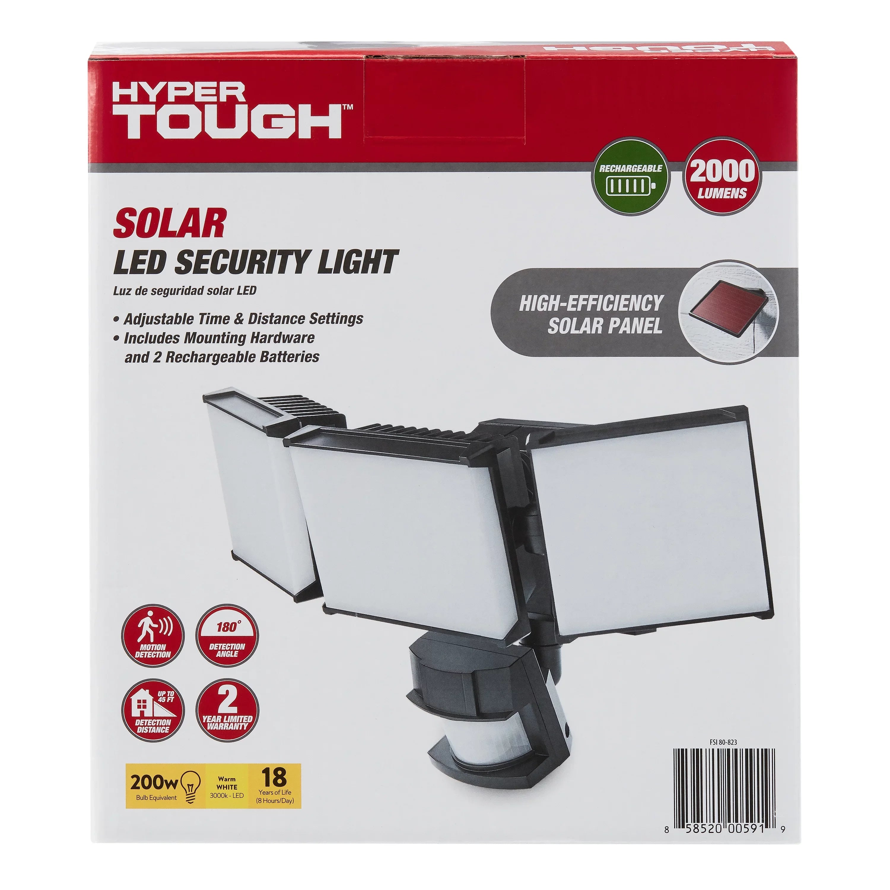Hyper Tough Solar Three Head LED Motion Sensing Security Flood Light, Outdoor, Black, 2000 Lumen