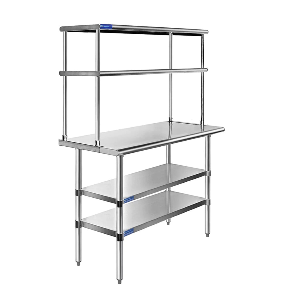 24" x 60" Stainless Steel Work Table With Two Shelves | 18" Wide Double Tier Overshelf | Metal Kitchen Prep Table & Shelving Combo - Exclusive Design