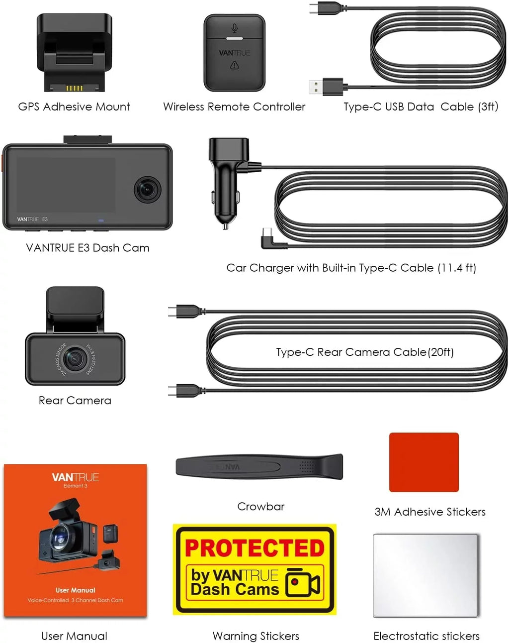 Vantrue E3 2.5K 3 Channel WiFi Dash Cam 1944P+1080P+1080P Front and Rear Inside 3 Way GPS Dash Camera for Car Voice Control IR Night Vision 24 Hrs Parking Mode Motion Detection - Exclusive Design