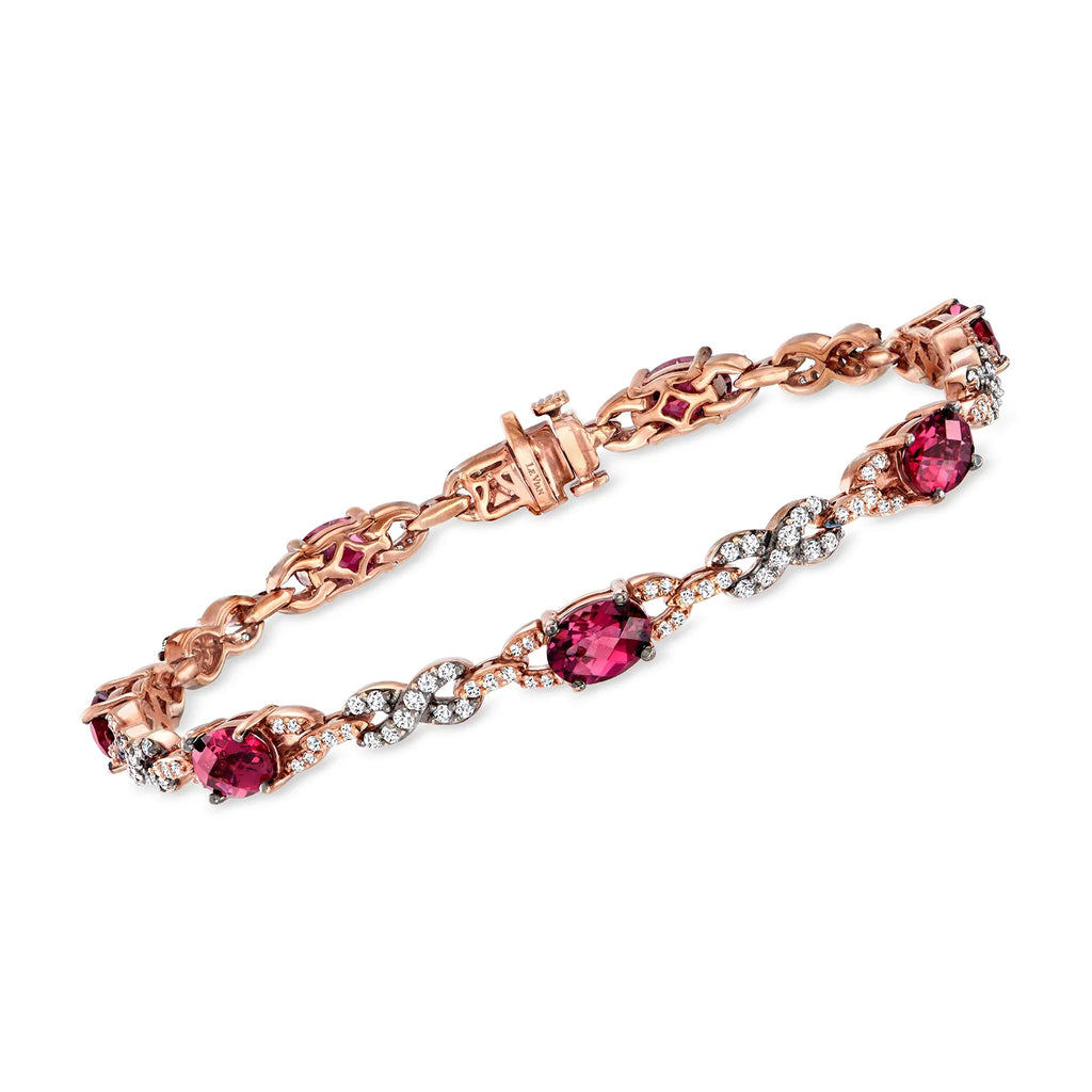 Stylish Ross-Simons C. 2000 Vintage Le Vian 8.05 ct. t.w. Rhodolite Garnet and 1.40 ct. t.w. Diamond Infinity-Link Bracelet in 14kt Rose Gold, Women's, Adult, Pre-Owned