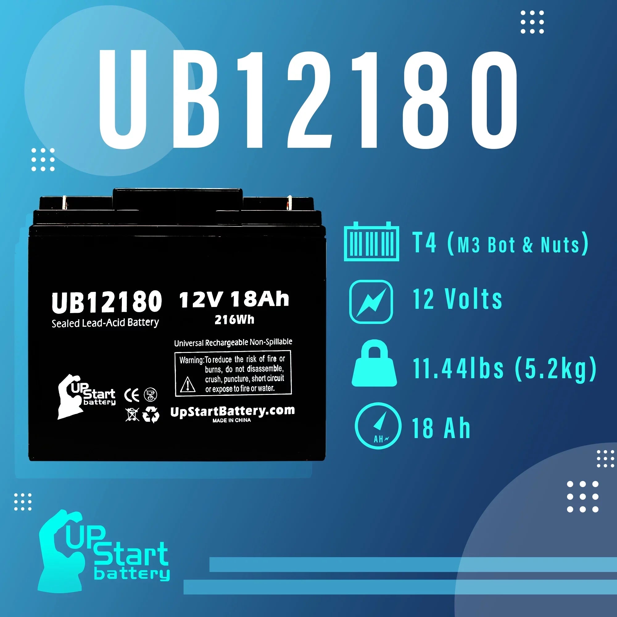 Compatible EAGLE PICHER BATTERIES CFMP12V18 Battery - Replacement UB12180 Universal Sealed Lead Acid Battery (12V, 18Ah, 18000mAh, T4 Terminal, AGM, SLA)