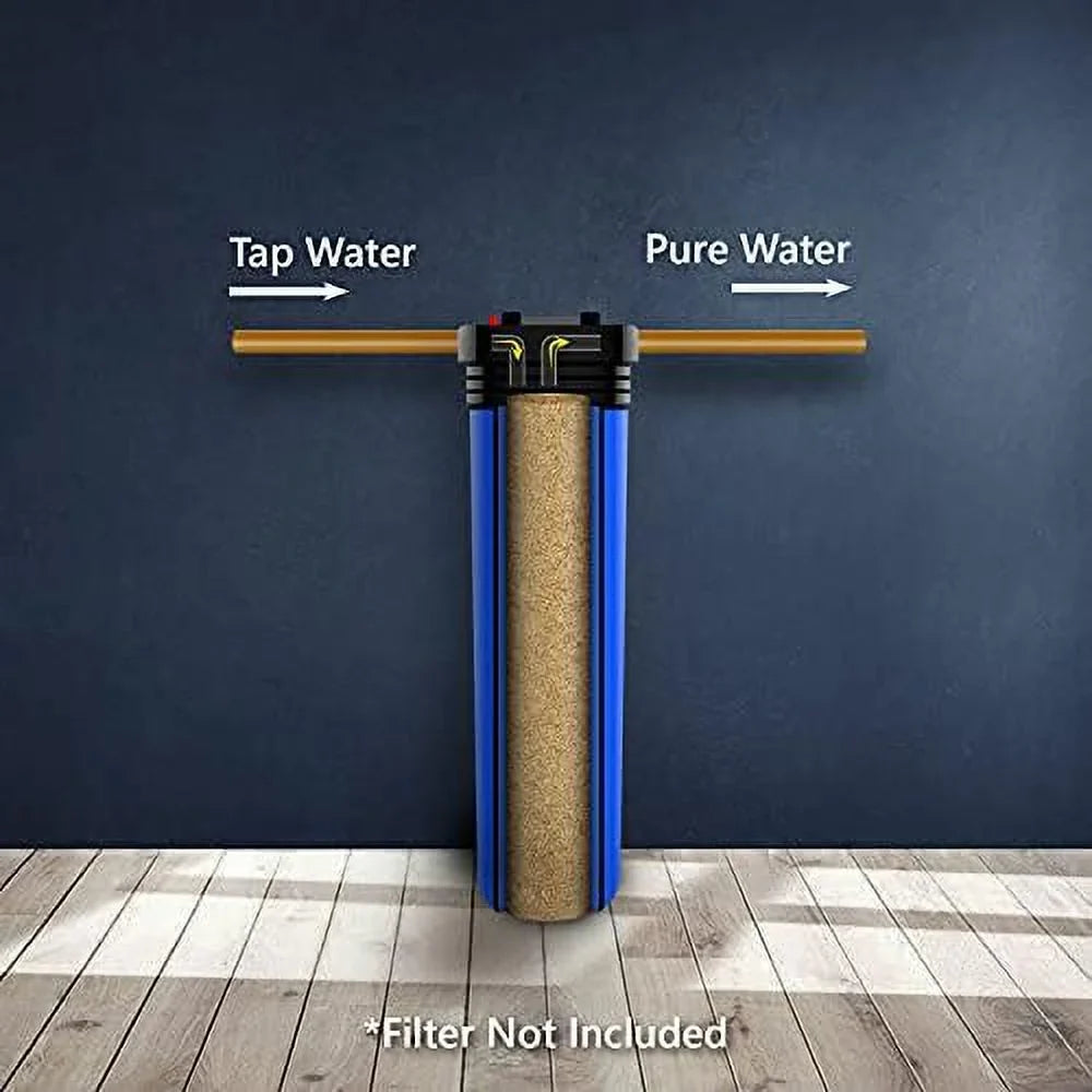 whole house water filter housing, universal 20-inch housing 4.5â x 20â, 1-inch npt inlet outlet, heavy duty standard size replacement includes wrench, pressure release button