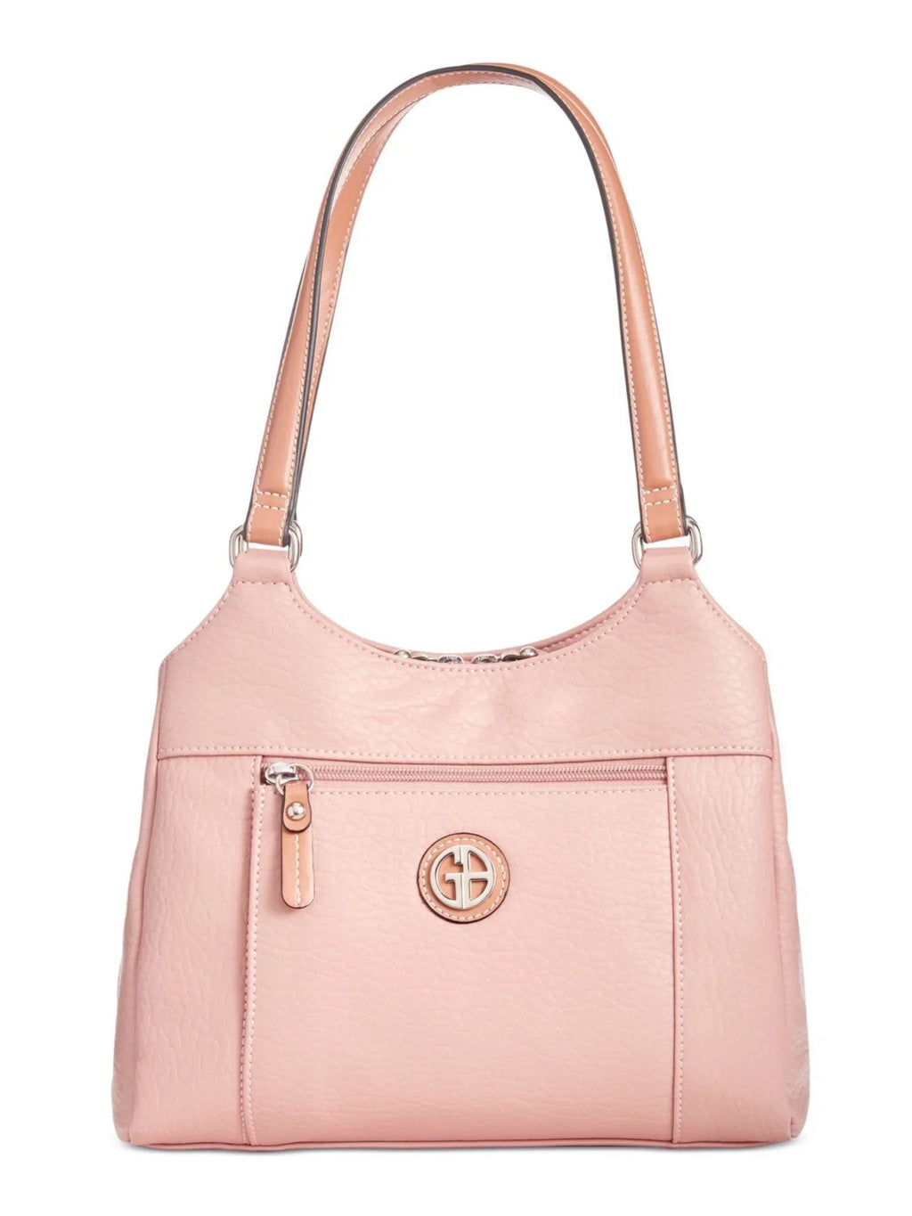 Stylish GIANI BERNINI Women's Pink Pebbled 4-poster Logo Hardware Double Flat Strap Tote Handbag Purse