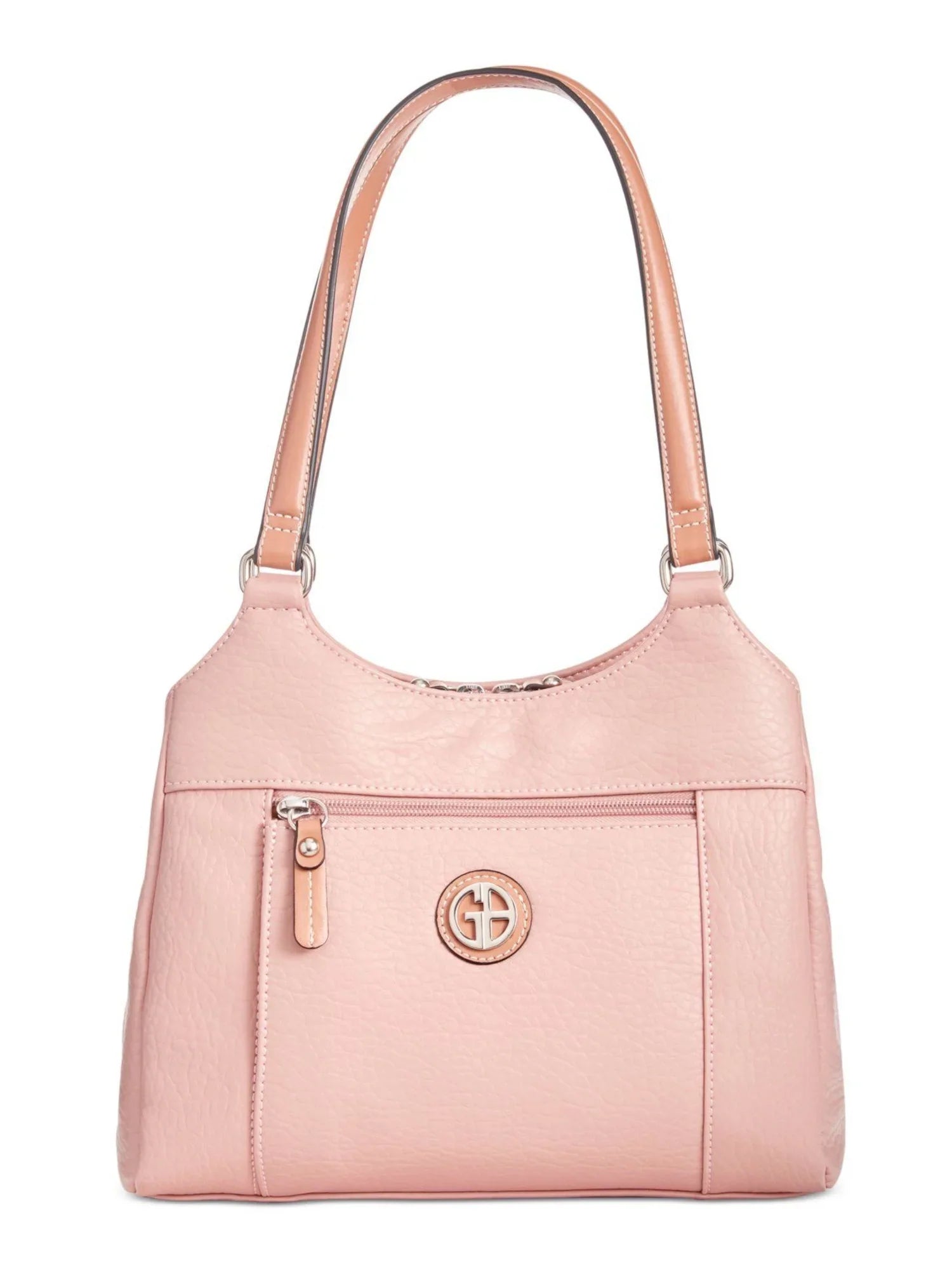 Stylish GIANI BERNINI Women's Pink Pebbled 4-poster Logo Hardware Double Flat Strap Tote Handbag Purse