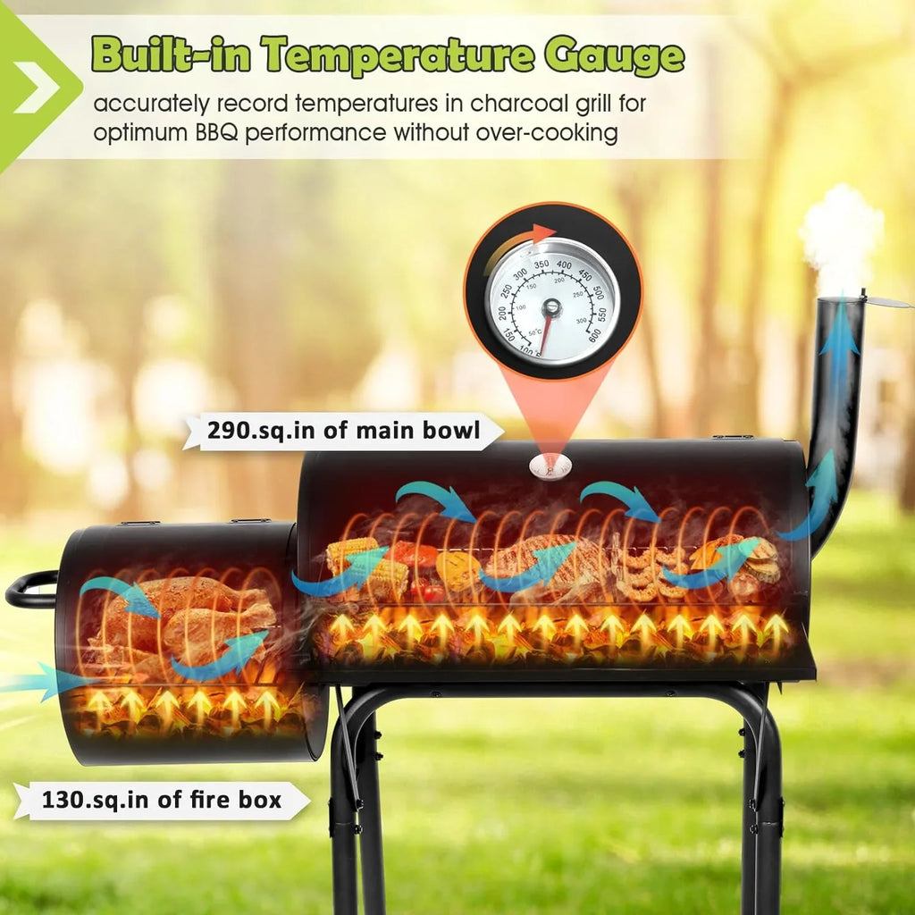 Outdoor BBQ Grill, Barrel Charcoal Grill with Offset Smoker, Camping Barbecue Grill for Patio Backyard Garden Party Picnic, Large 420.SQ.IN Cooking Area, 2 Screwdrivers & 6 Hooks - Black - Exclusive Design