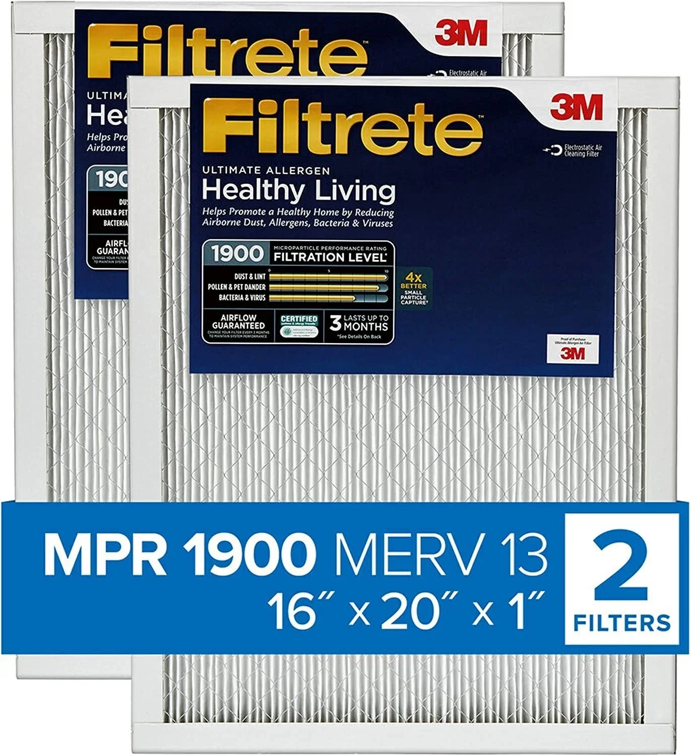 Stylish Filtrete 16x20x1 Air Filter MPR 1900 MERV 13, Healthy Living Ultimate Allergen, 2-Pack exact dimensions 15.719 x 19.719 x 0.78