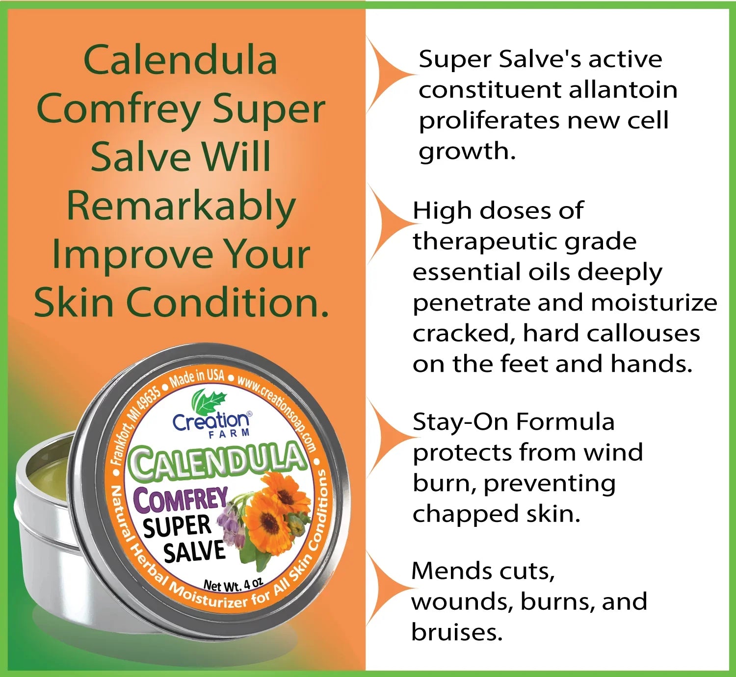 Stylish Calendula Comfrey Salve 4 oz Tin, Herbal Skin Rash Ointment, Wound Treatment Tin 4 oz by Creation Farm