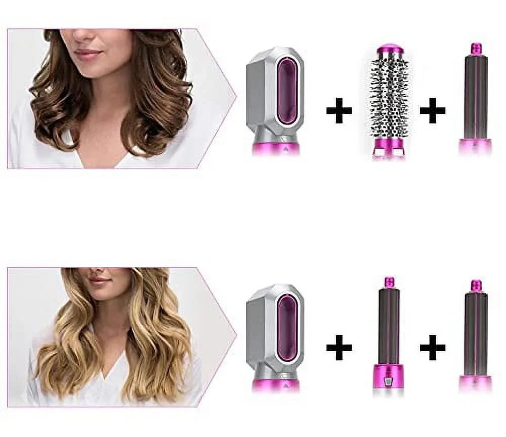 5-in-1 Electric Hair Dryer Brush - Negative Ionic Hair Styler with Detachable Brush Heads - Blow Dryer Brush for Straightening and Automatic Curling Styling, Color: GreyRed